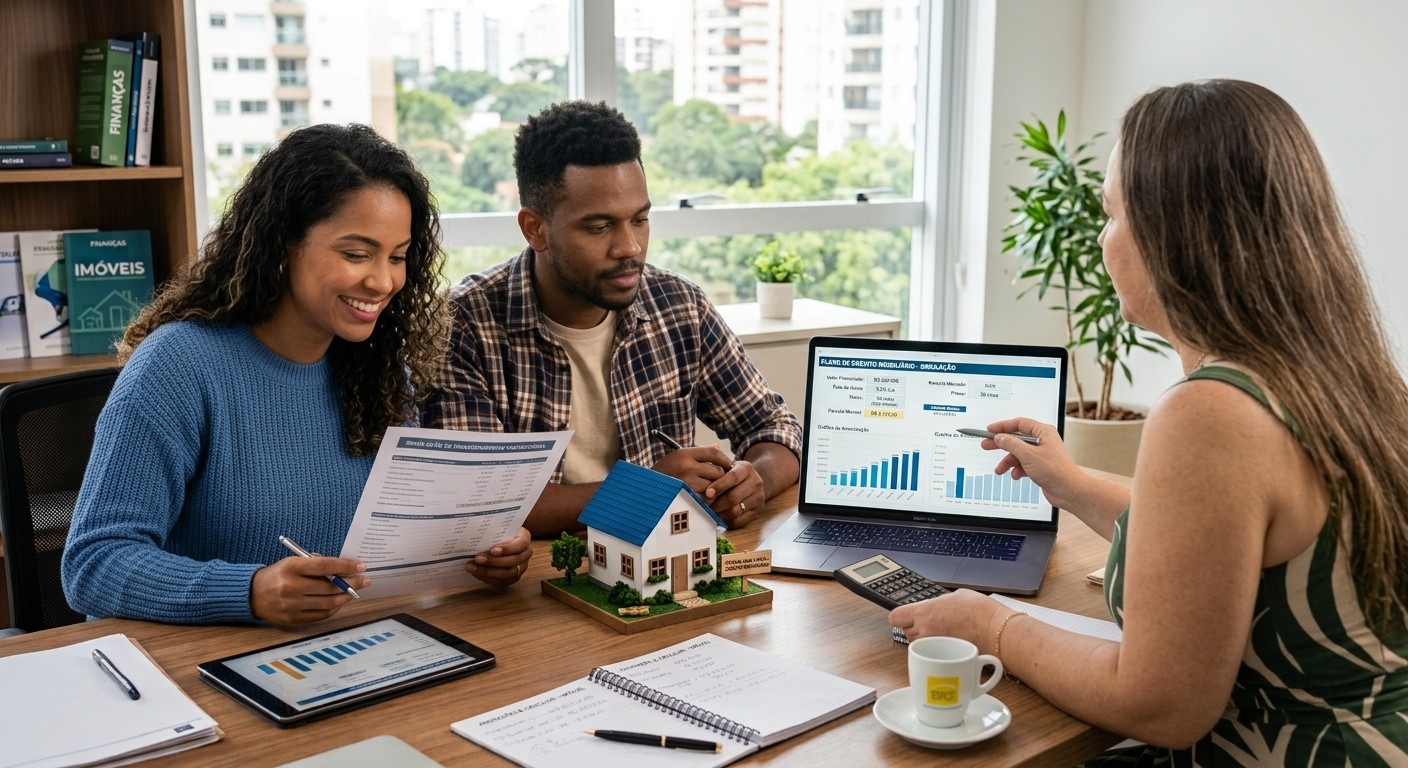 Casal em consultoria de crédito imobiliário com a corretora, analisando simulação de financiamento