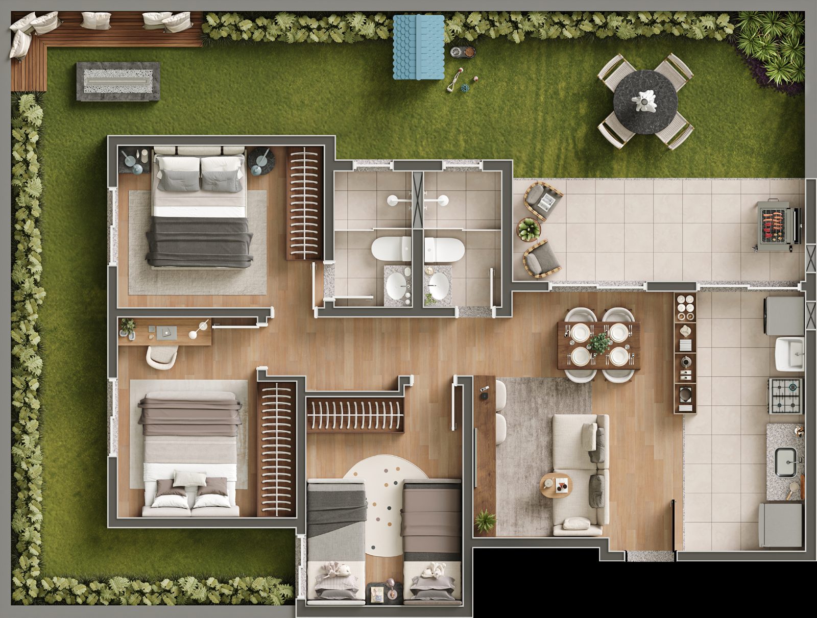 Planta garden 102, 68,81 m² mais 47,32 m² de garden, torre 03
