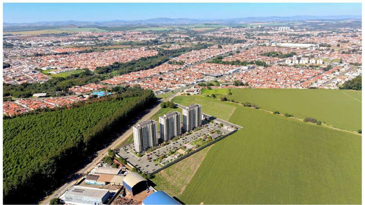 Imagem aérea ilustrativa com a inserção do empreendimento no entorno