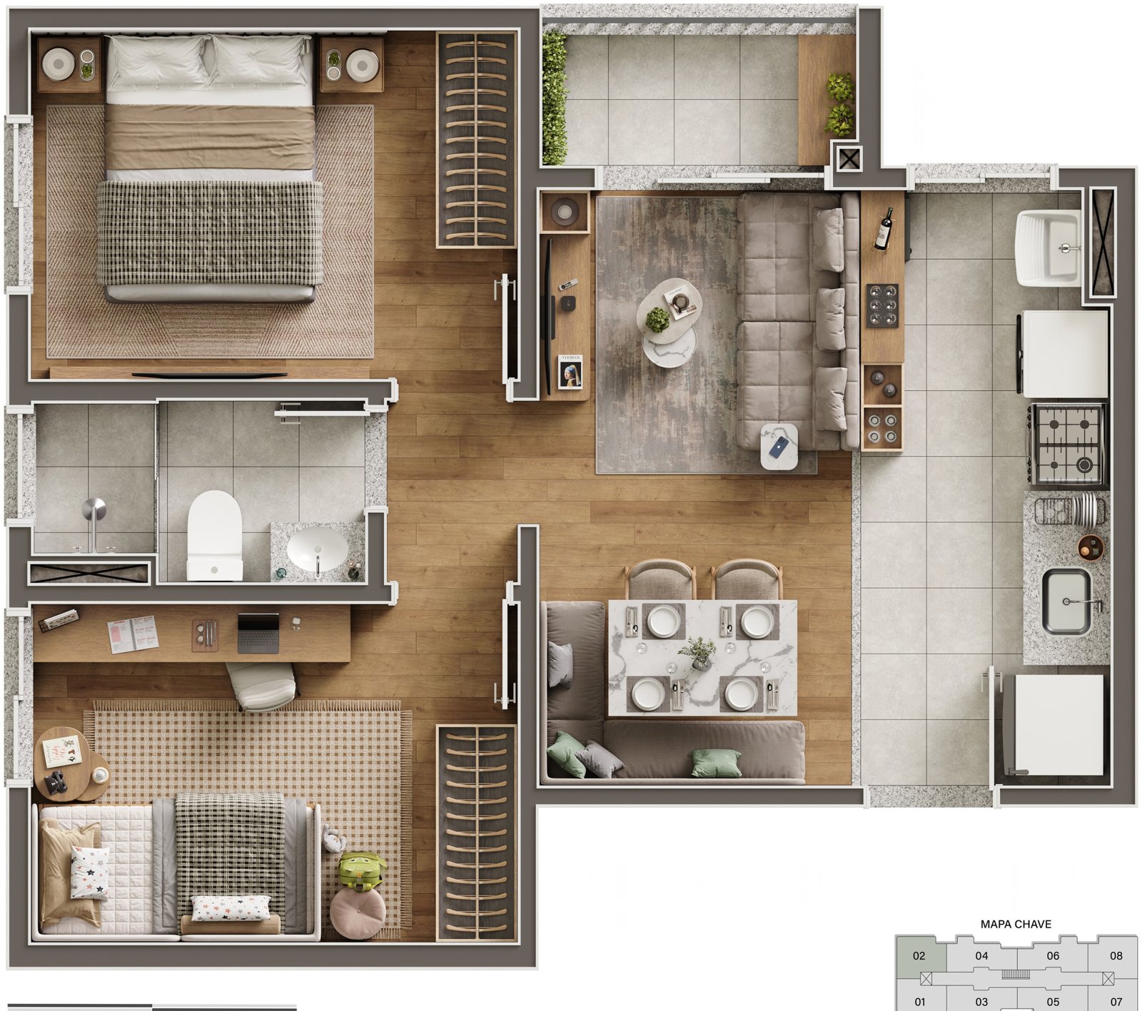 Planta do apartamento tipo 02, torres 01 e 03