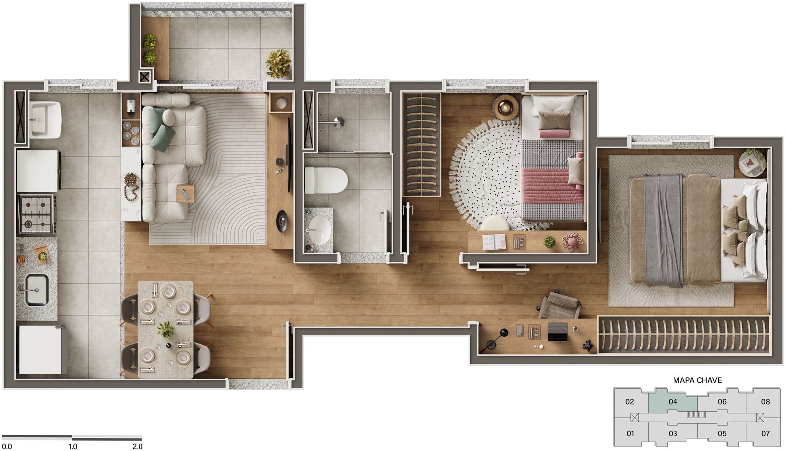 Planta do apartamento tipo 04, torres 01, 02 e 03